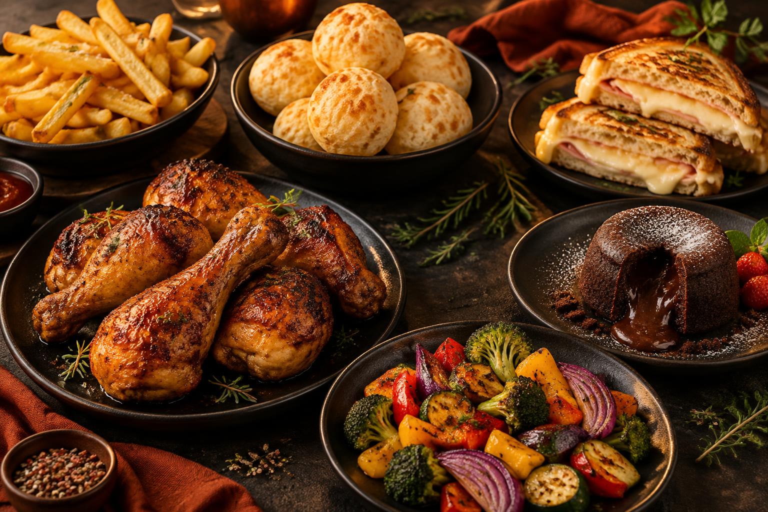 Frango crocante, pão de queijo, batata frita, lanches, legumes e bolo de chocolate