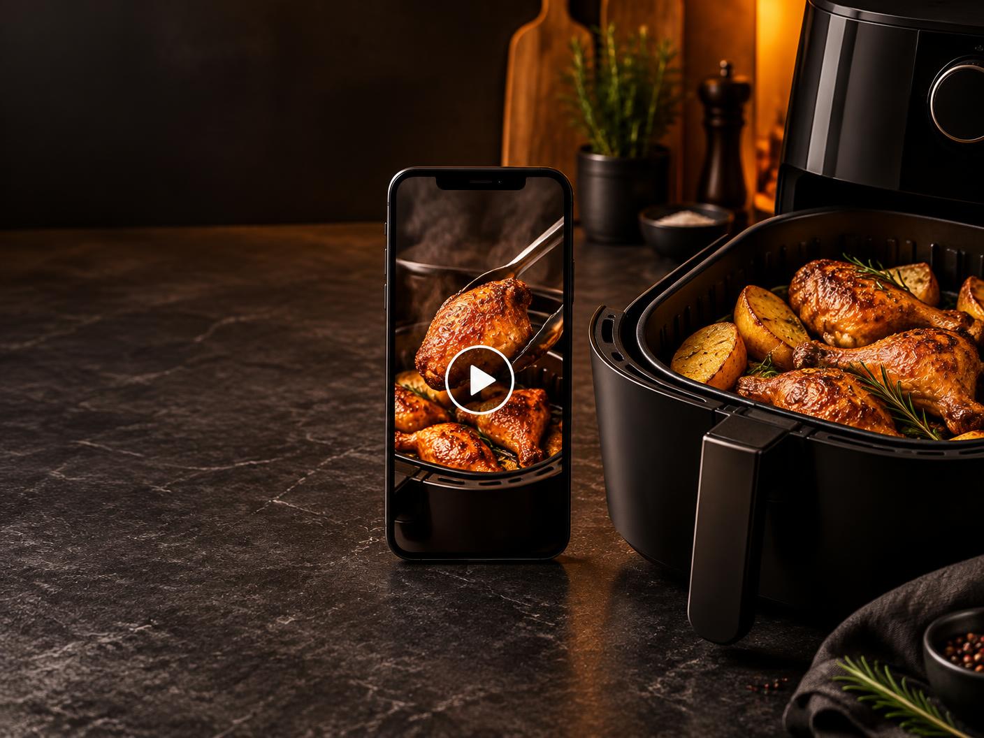 Celular exibindo receita em vídeo ao lado de uma airfryer com frango